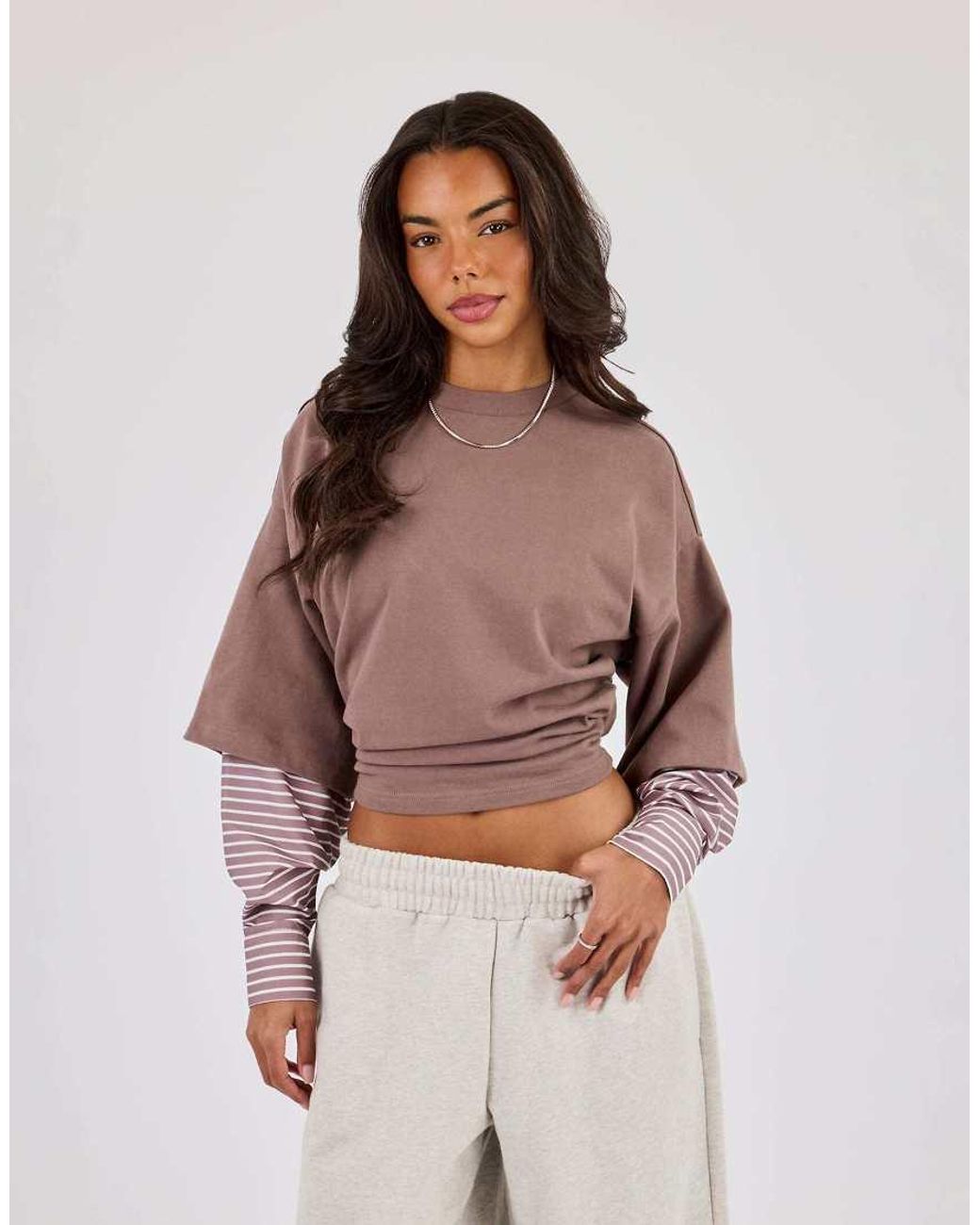 CERNUCCI Brown Cropped Oversized T-Shirt With Layered Shirt