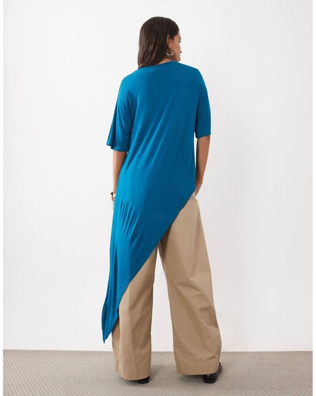 ASOS Blue Crew Neck Asymmetric Ruffle Hem Top