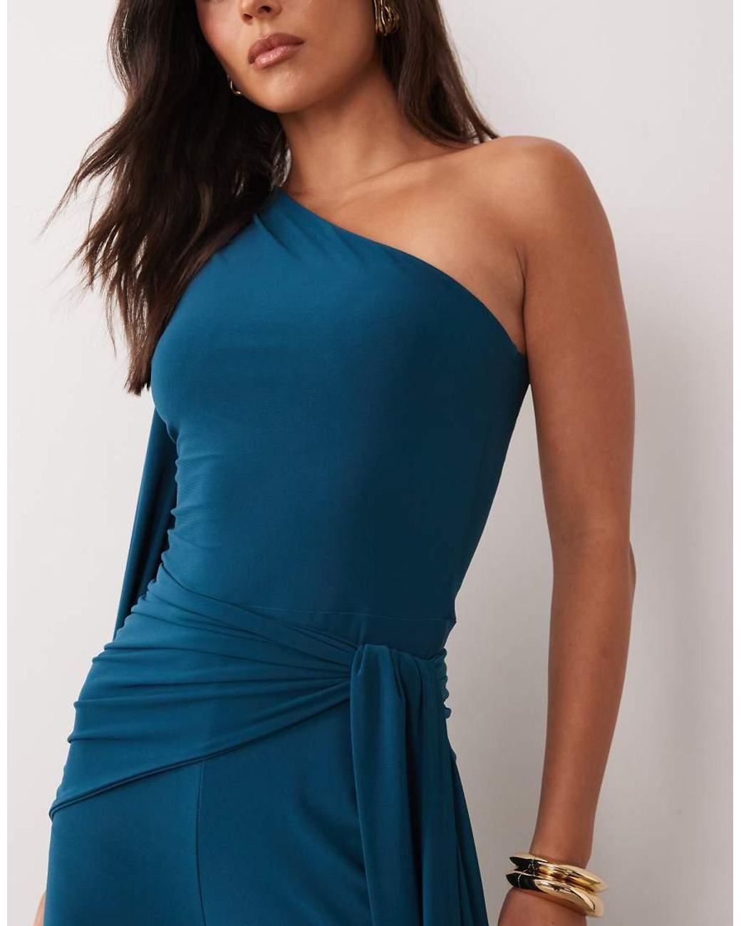 ASOS Blue Asymmetric One Shoulder Jumpsuit With Sash Cape Detail And Tie