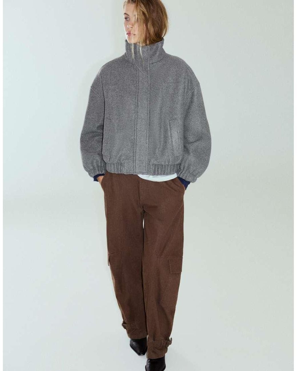 Pull&Bear Gray Cloth Bomber Jacket With A High Neck
