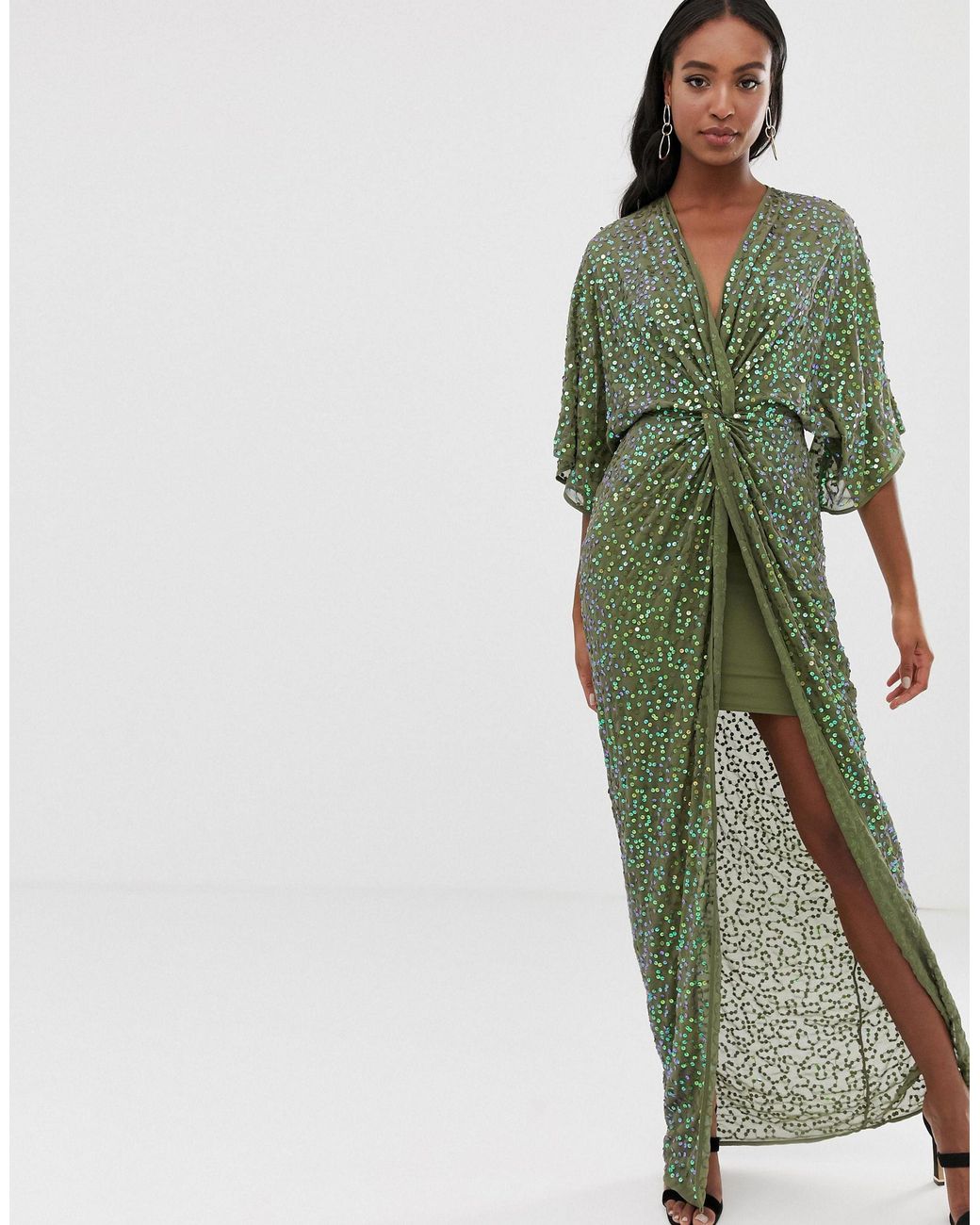 asos design scatter sequin knot front kimono midi dress ASOS Asos Design Tall Scatter Sequin Knot Front Kimono Maxi Dress in Green