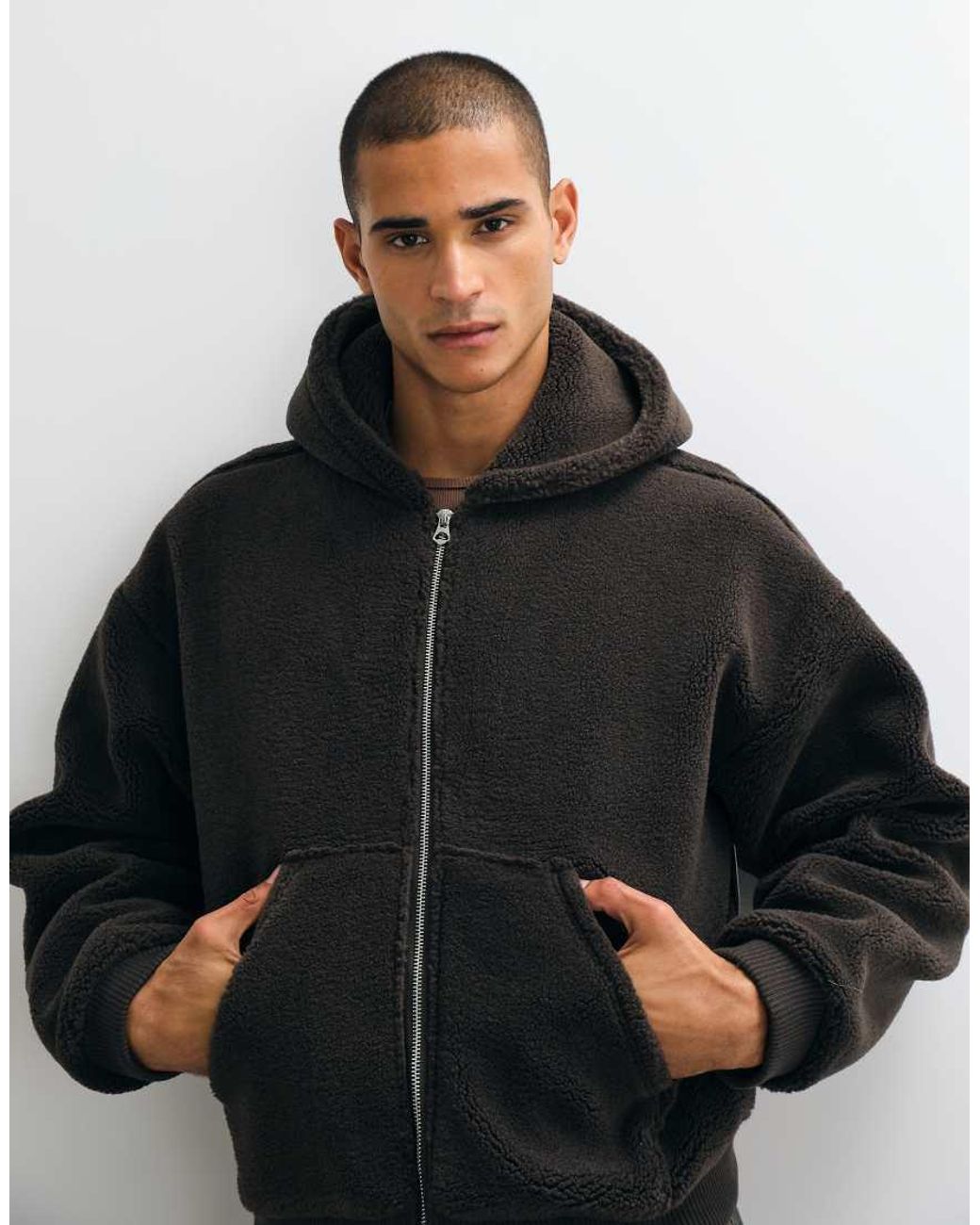 Weekday Black Oversized Borg Fleece Funnel Neck Zip Hoodie for men