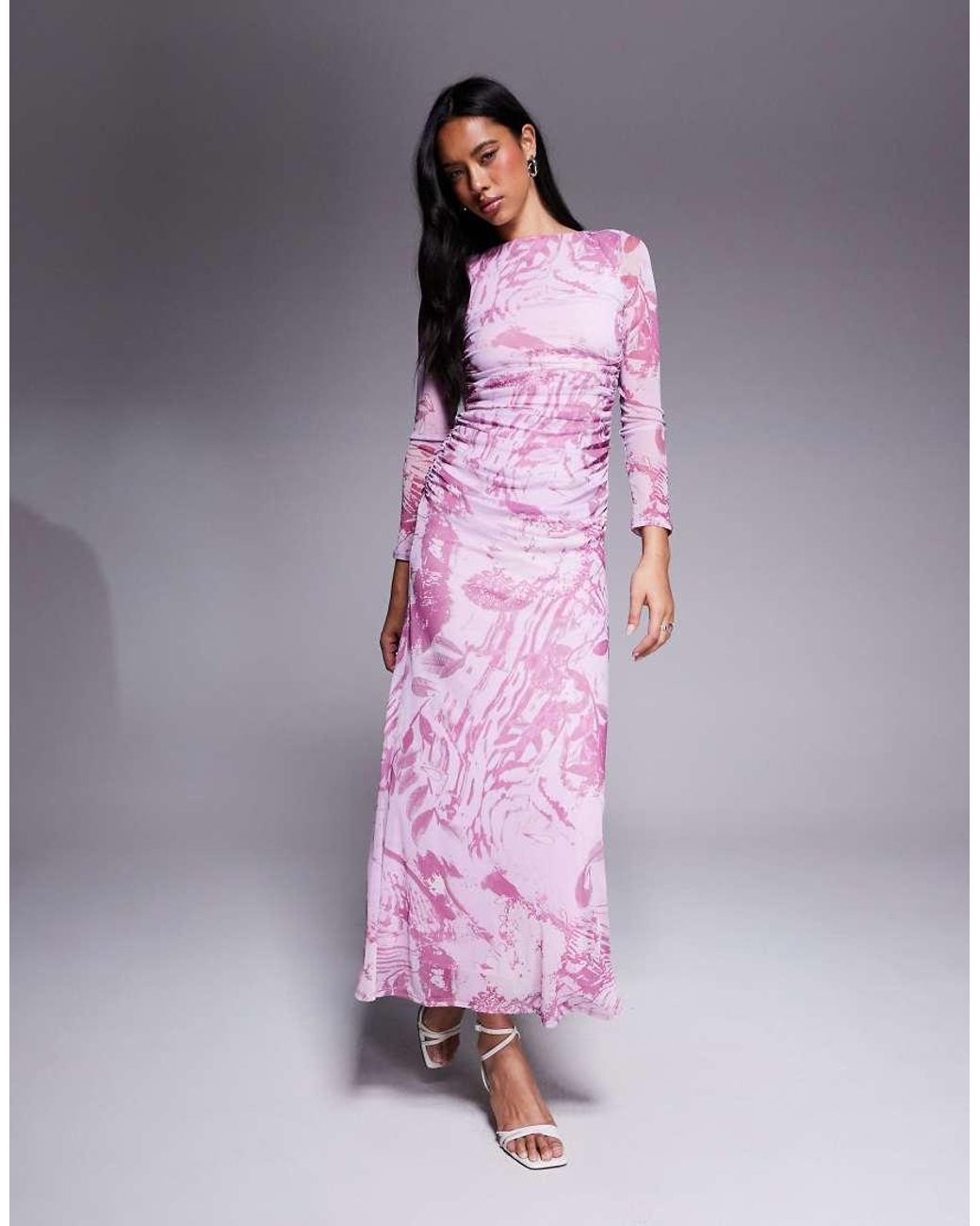 ASOS Purple Mesh Long Sleeve Ruched Maxi Dress