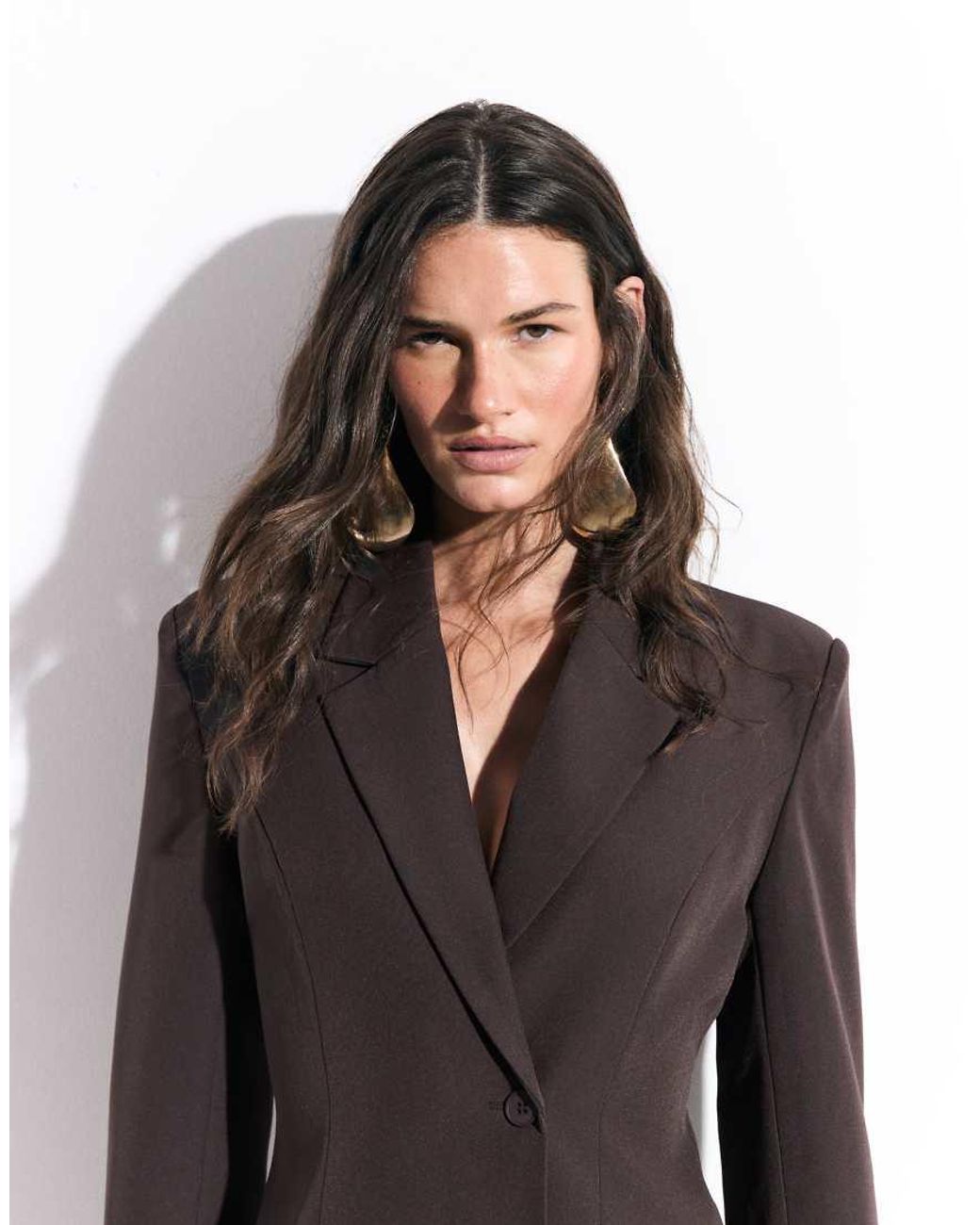 Kaiia Brown Exclusive Structured Shoulder Pad Cinched Waist Blazer Co-Ord