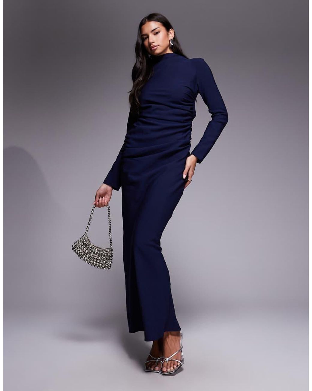 ASOS Blue High Neck Ruched Side Maxi Dress