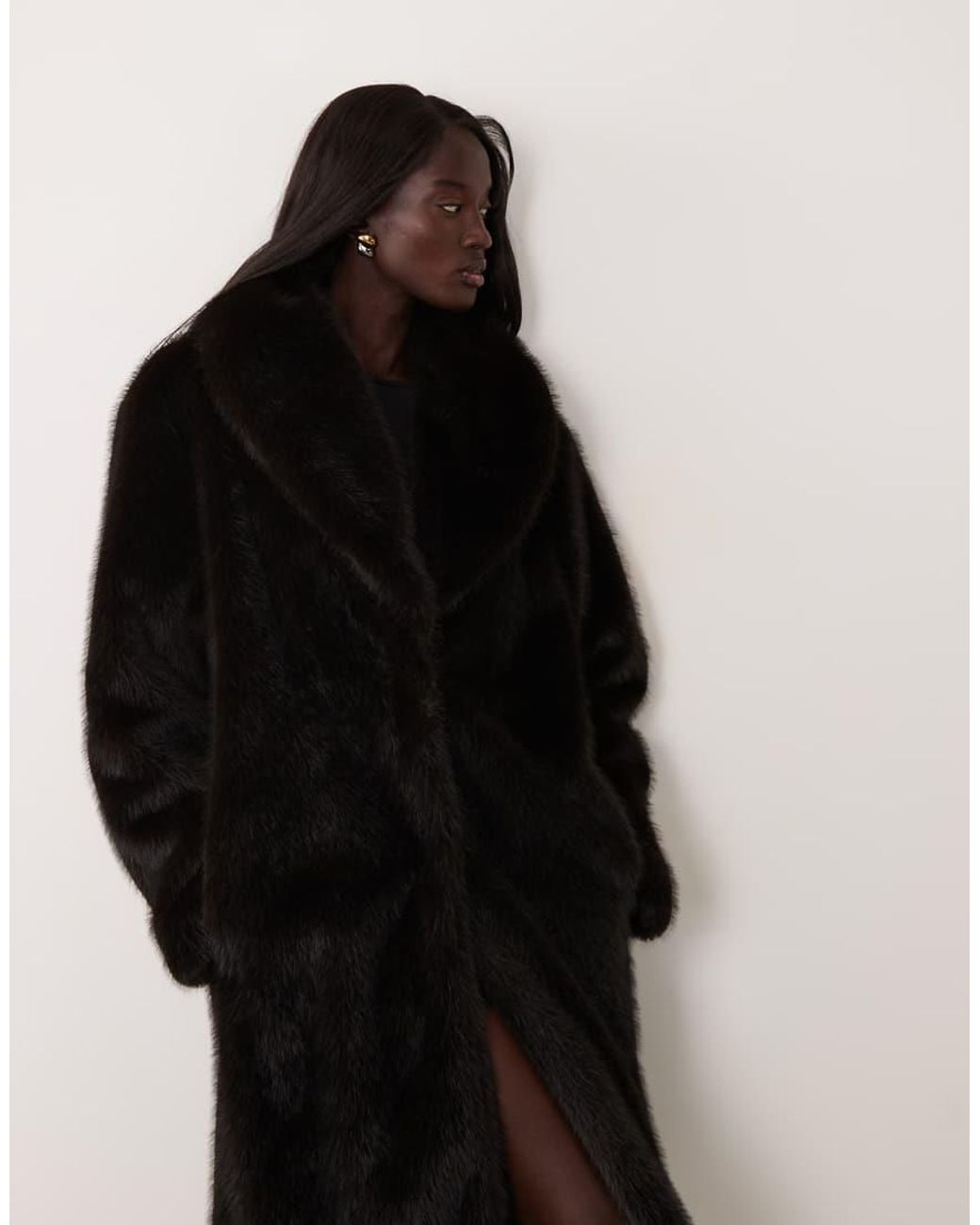 ASOS Black Asos Design Tall Longline Funnel Neck Faux Fur Coat