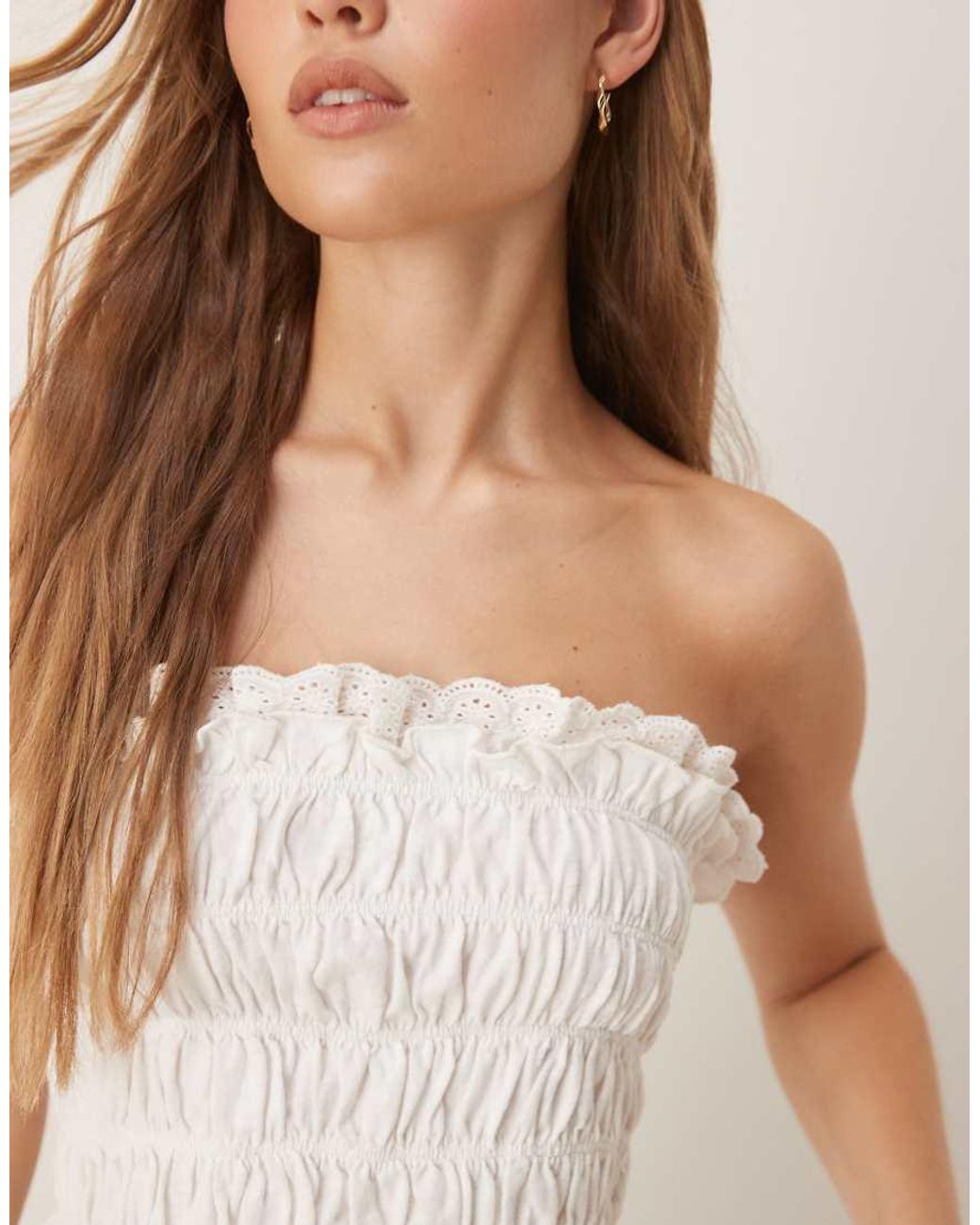 ASOS White Shirred Bandeau Top With Broderie Trim