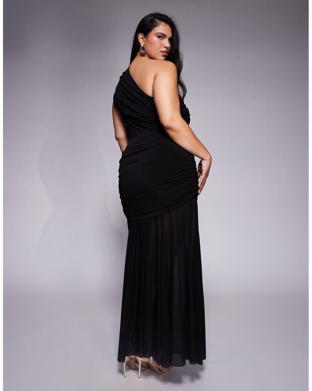 Forever New Black Forever New Plus One Shoulder Mesh Waist Panel Sheer Skirt Maxi Dress