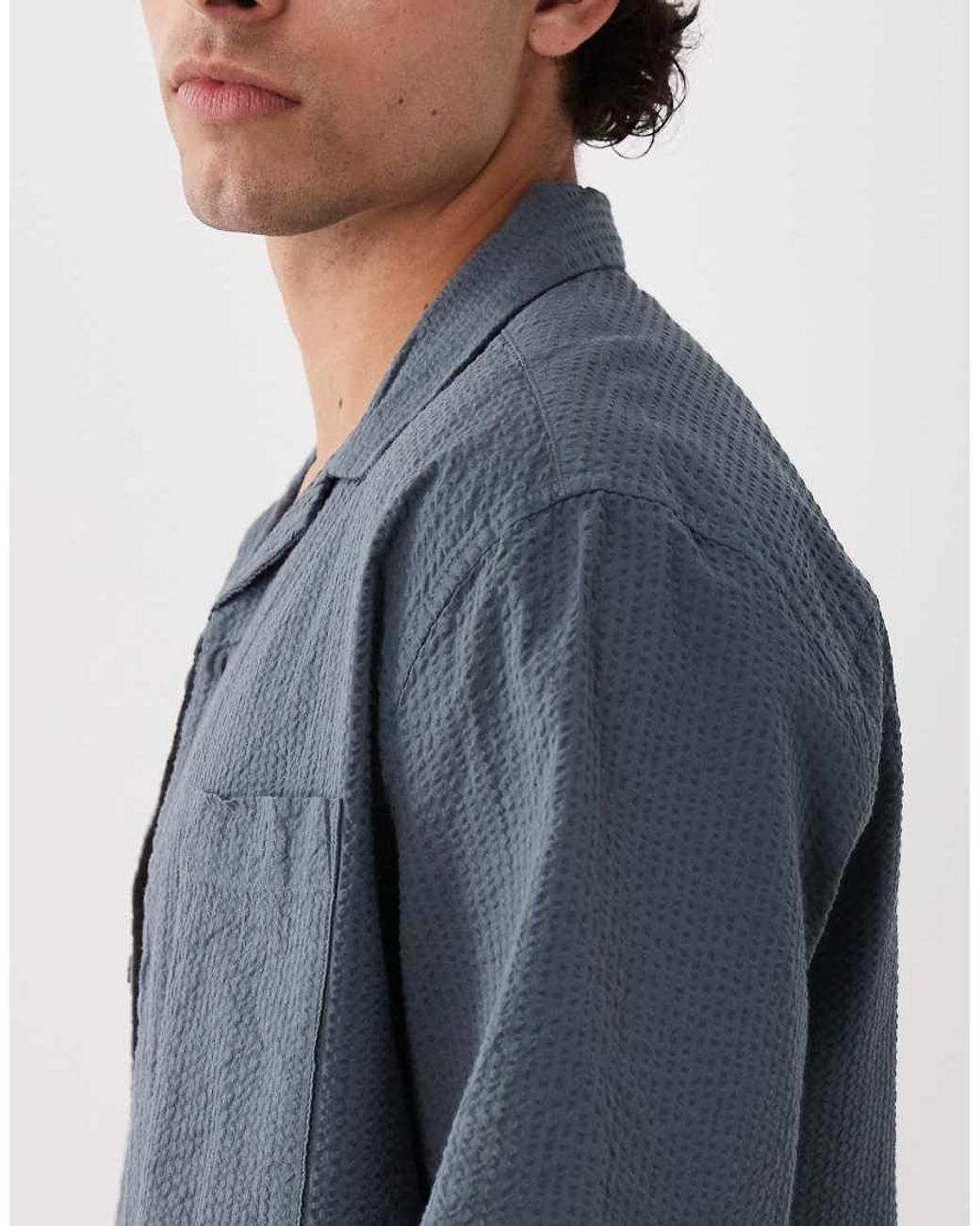 ASOS Blue Co-Ord Relaxed Revere Seersucker Shirt for men