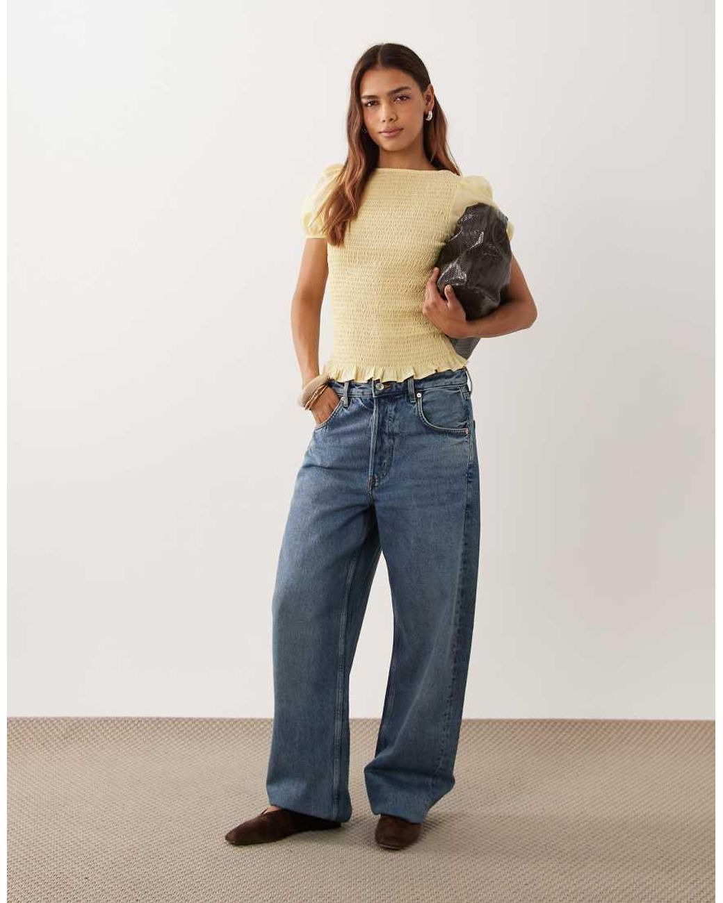 ASOS Blue Shirred Long Sleeve Top