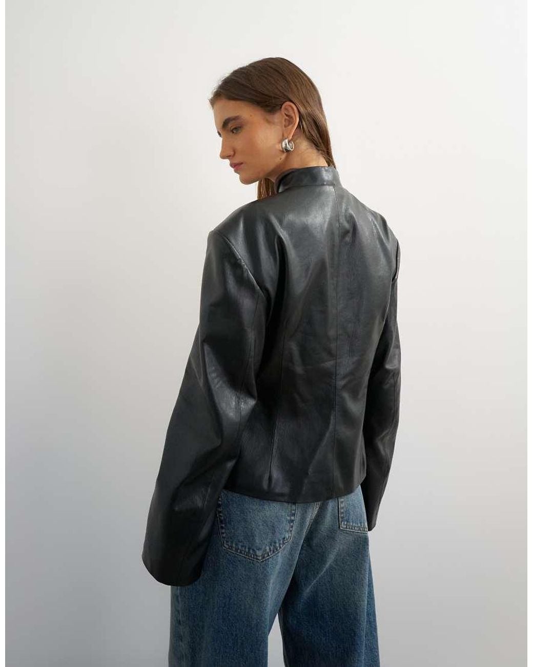 TOPSHOP Black Faux Leather frogging Fastening Blazer