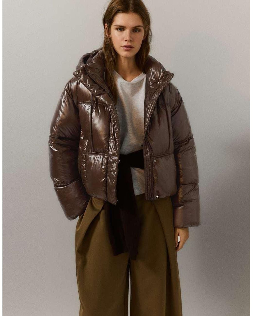 Pull&Bear Brown Cropped Puffer Jacket With Hood