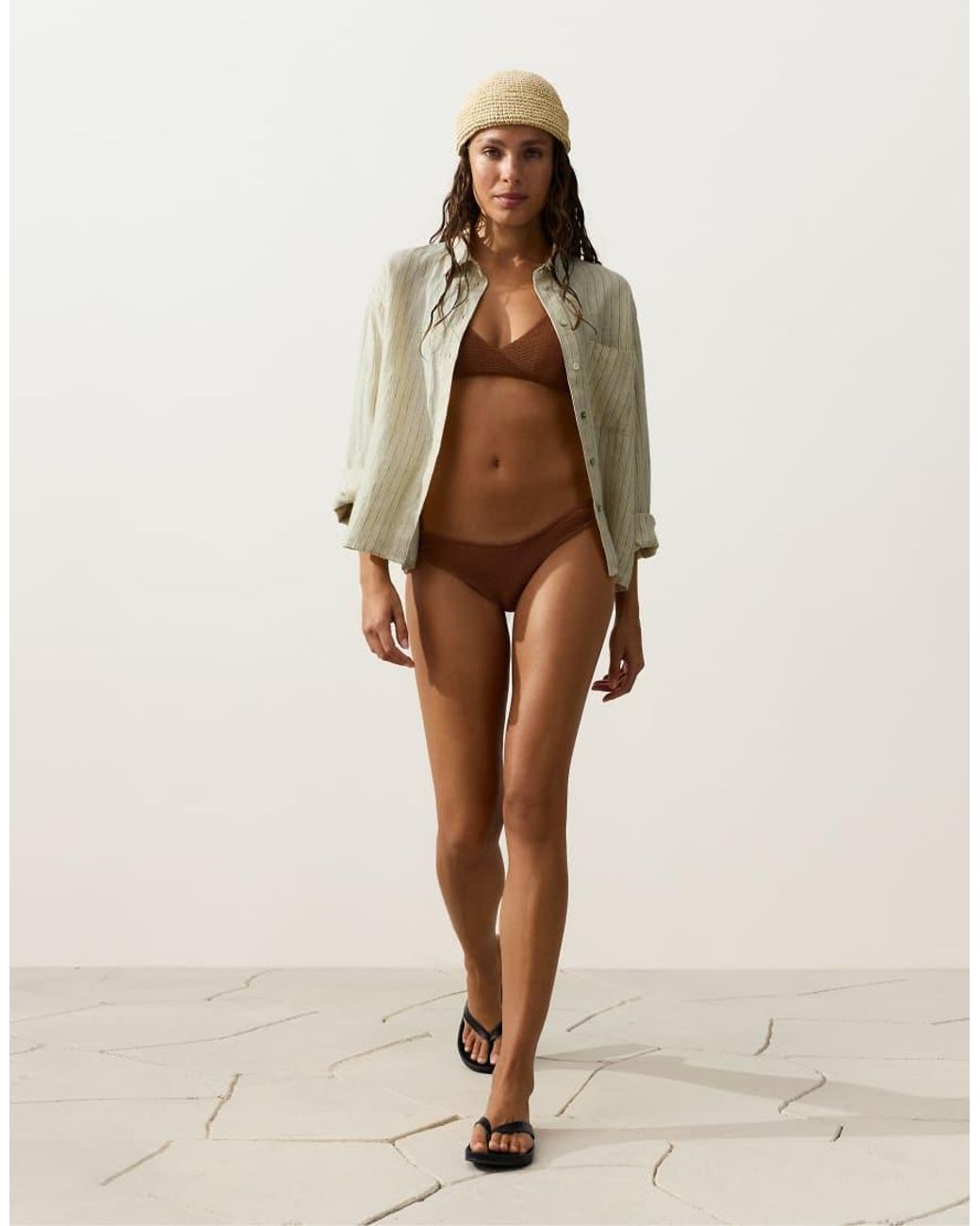 Oysho Brown U-Cut Crinkle Brazilian Bikini Briefs