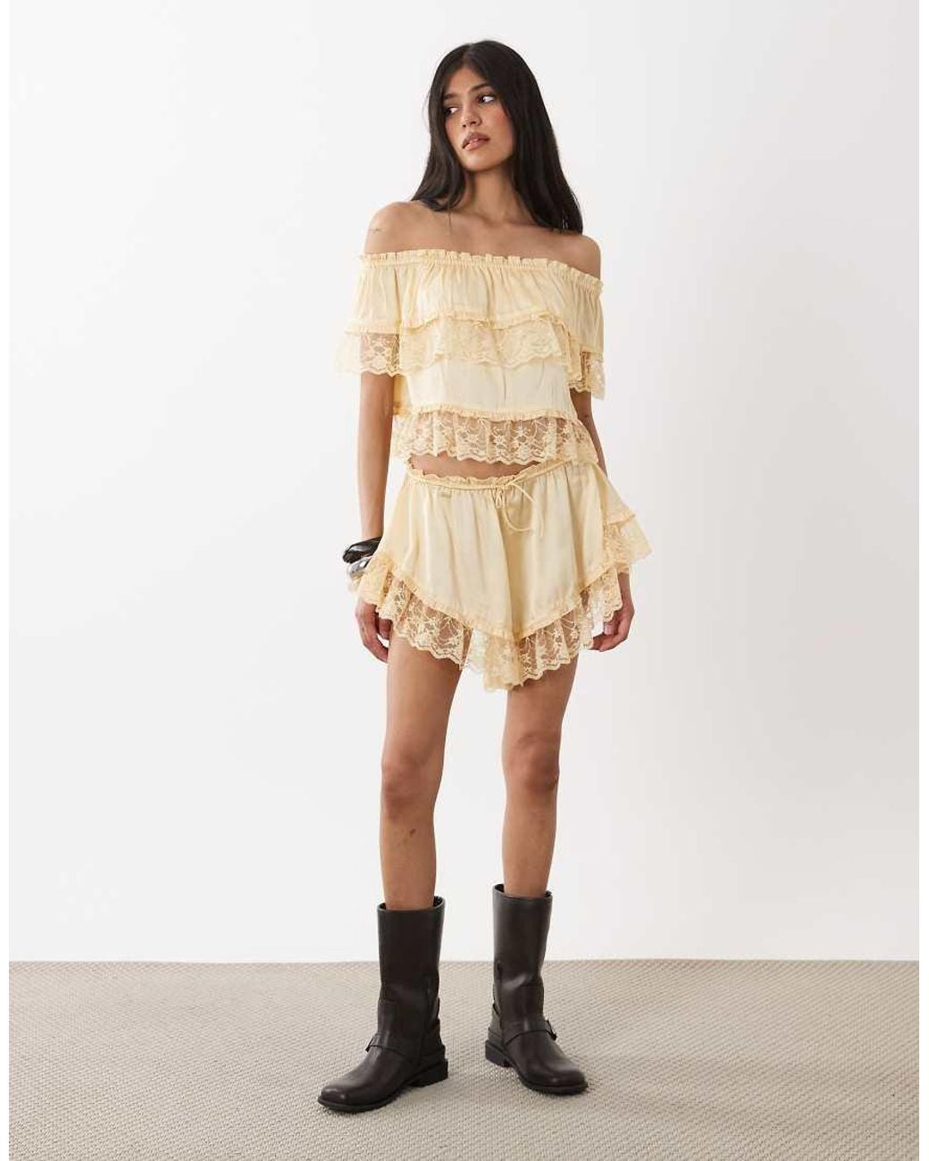 Miss Selfridge Natural Satin And Lace Bardot Top Co-ord