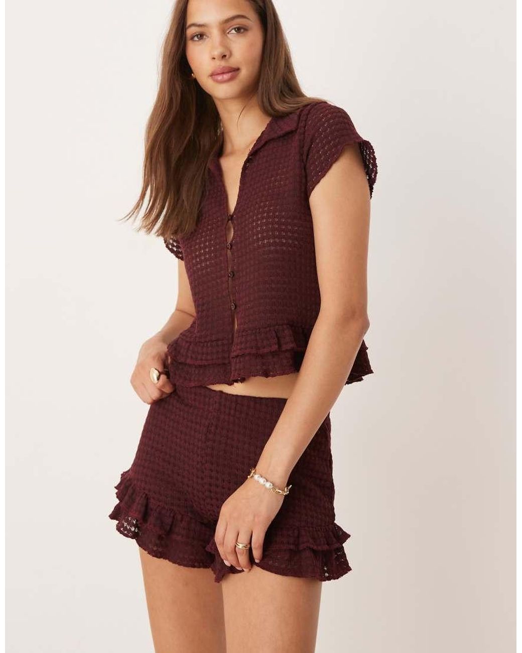 ASOS Natural Co-ord Crochet Shorts With Ruffle Hem Detail