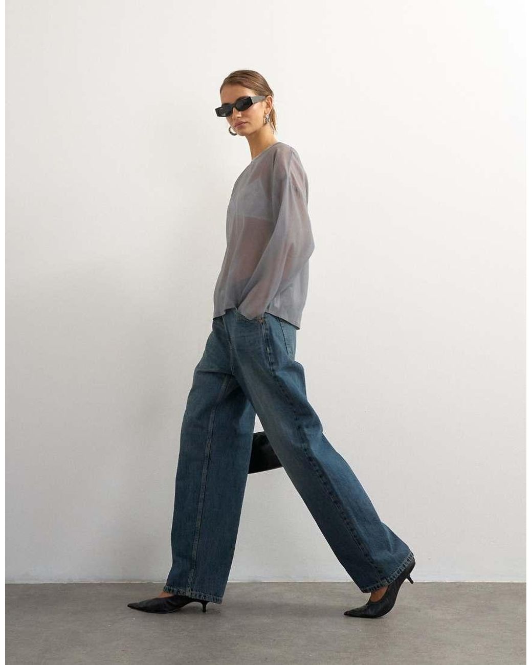 TOPSHOP Gray Organza Crew Neck Oversized Top