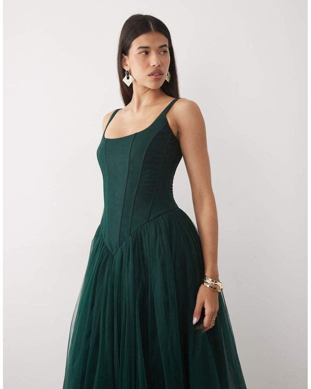 LACE & BEADS Green Tulle Drop Hem Corset Maxi Dress