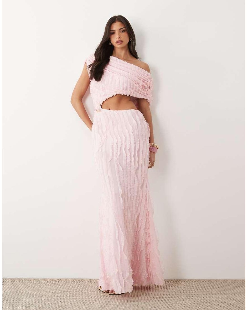 ASOS Pink Ruffle Off Shoulder Maxi Dress With Cut Out Detail