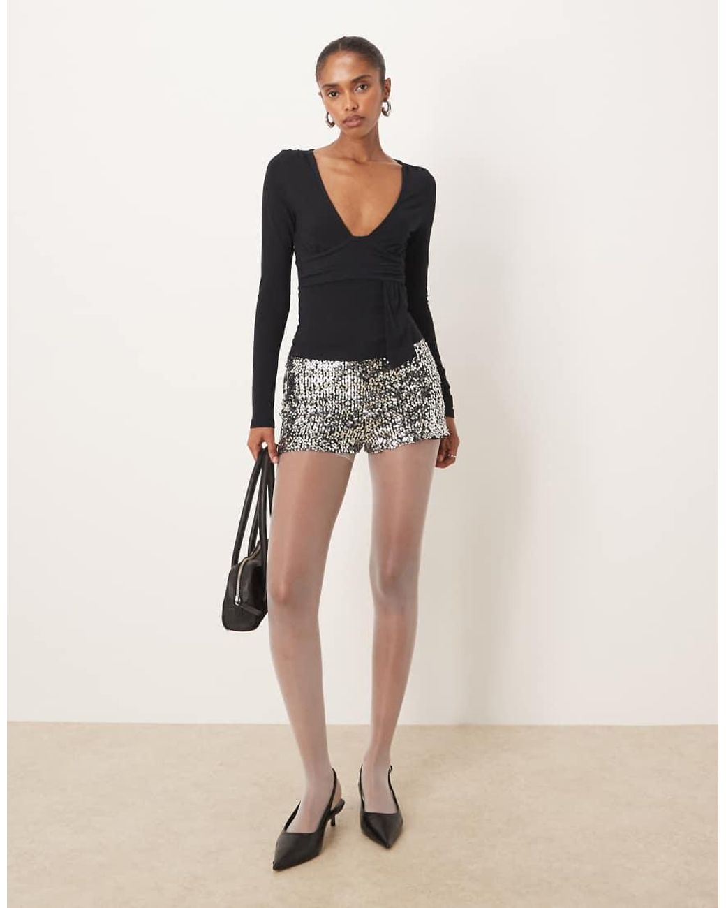 Motel Black Levard Longsleeve V Neck Drape Jersey Top