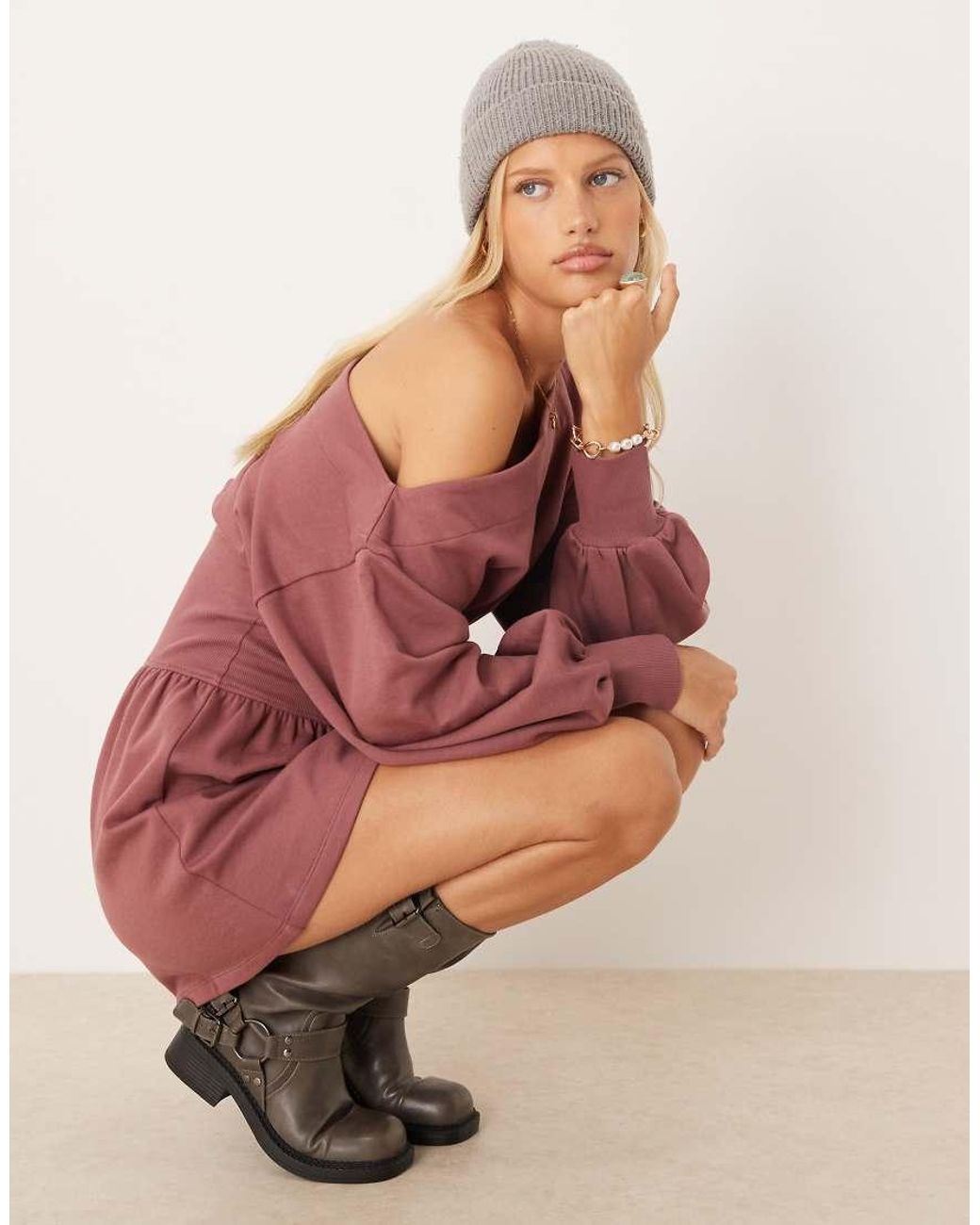ASOS Pink Cotton Slash Neck One-shoulder Elasticated Waisted Mini Dress