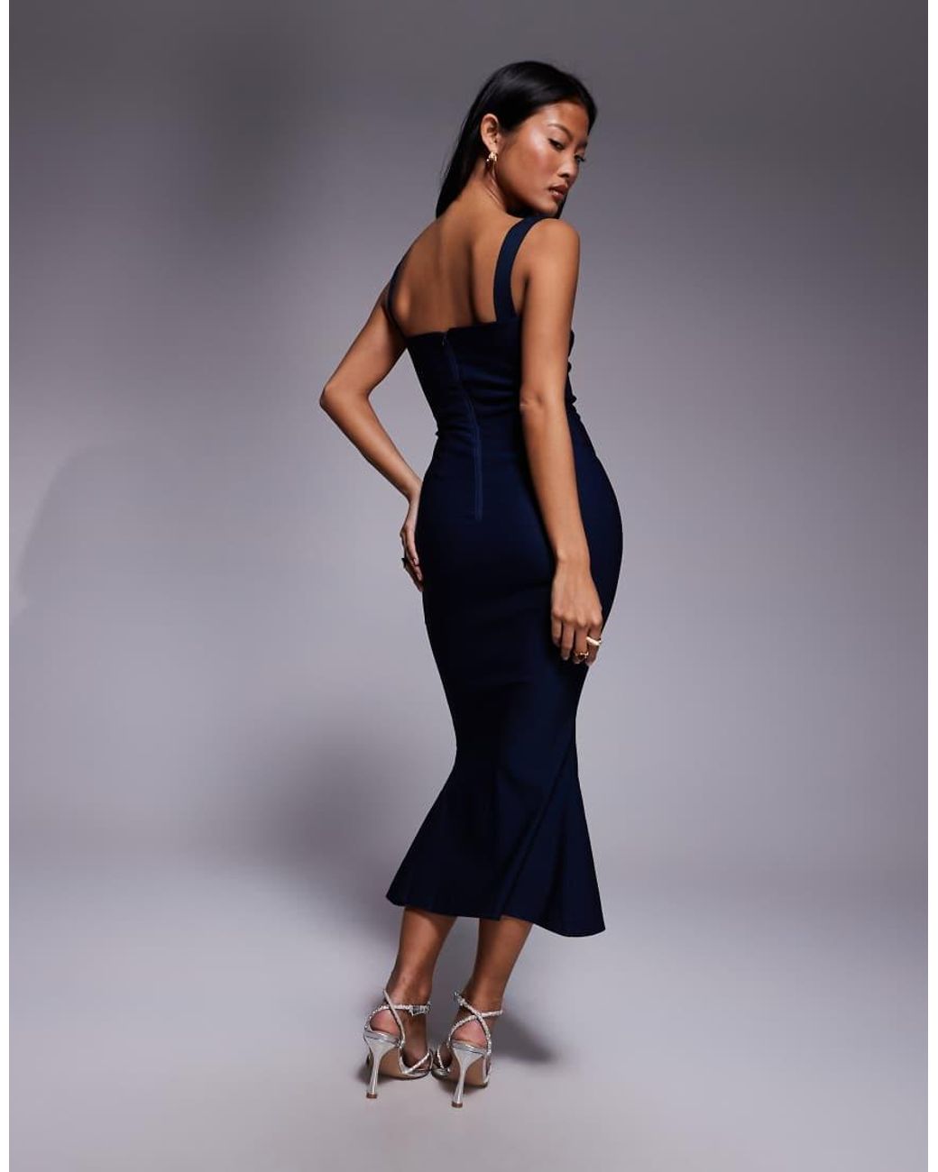 Vesper Petite Blue Bengaline Sleeveless Square Neck Fishtail Midi Dress