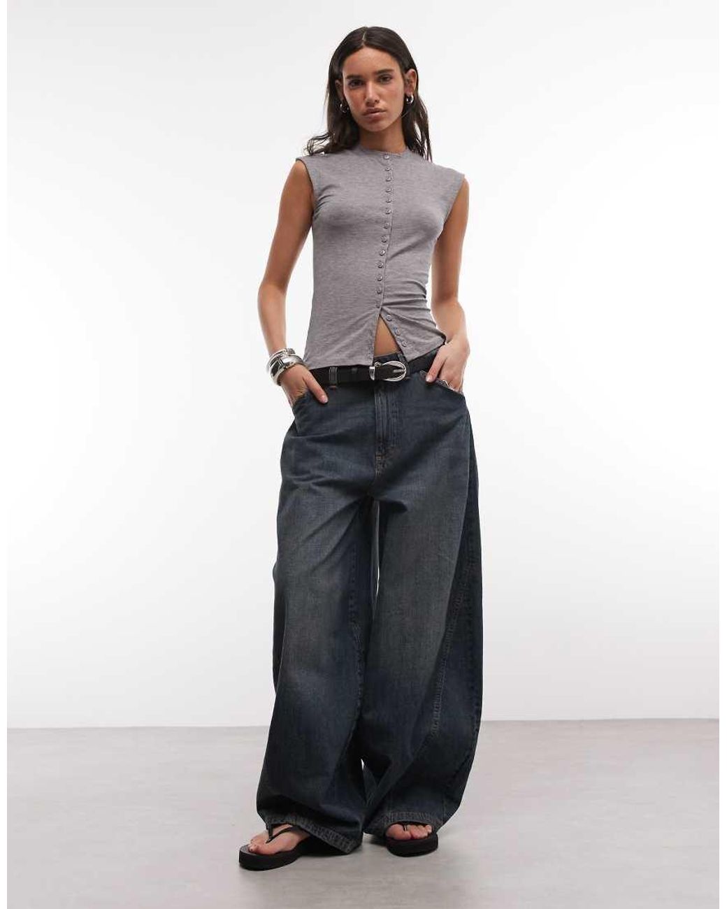 Weekday Gray Button Front Top