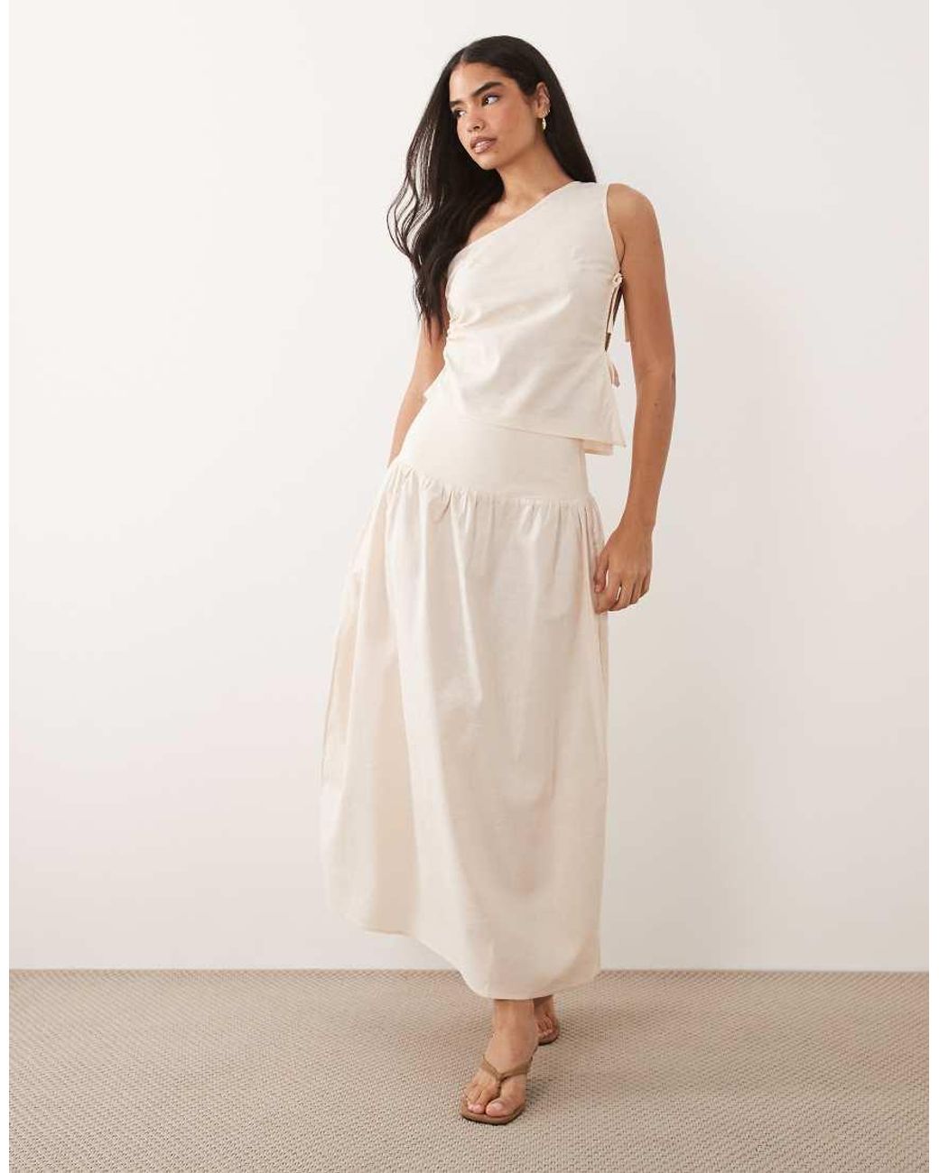 Kaiia Natural Exclusive Linen Blend Open Tie Side Detail Asymmetric Shoulder Top