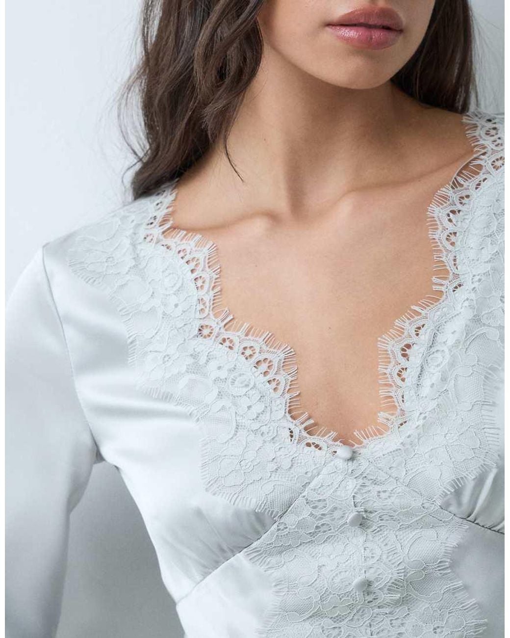 Gina Tricot Gray Long Sleeve V-neck Lace Detail Satin Blouse