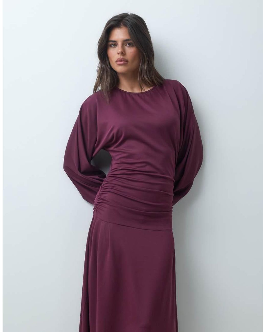 Iyal Purple Modal Stretch Dropped Waist Batwing Maxi Dress