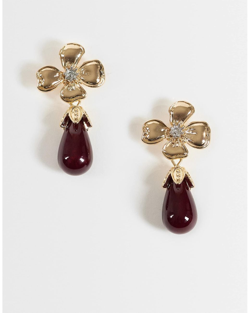 Reclaimed Vintage Flower Stud Earrings With Burgundy Drop-red in ...
