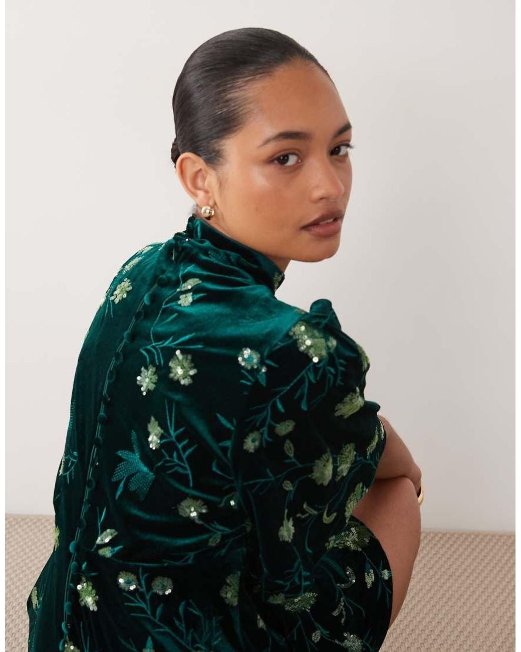 Sister Jane Green Velvet Flutter Sleeve Mini Dress With Floral Embroidery