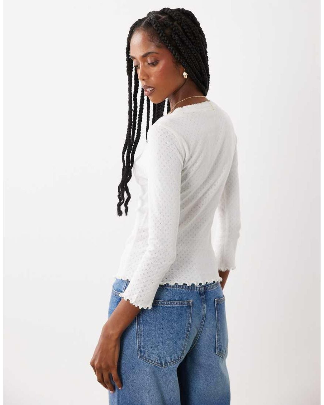 Miss Selfridge White Pointelle 3/4 Sleeve T-shirt