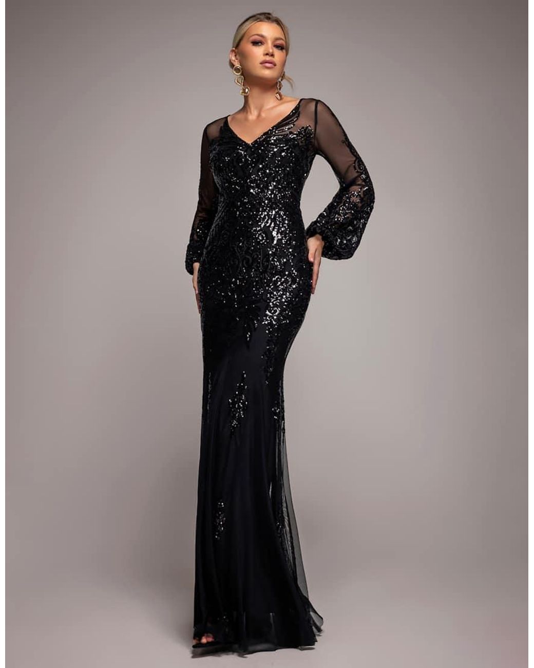 Goddiva Black Embellished Sequin Bishop Sleeve Maxi Dress