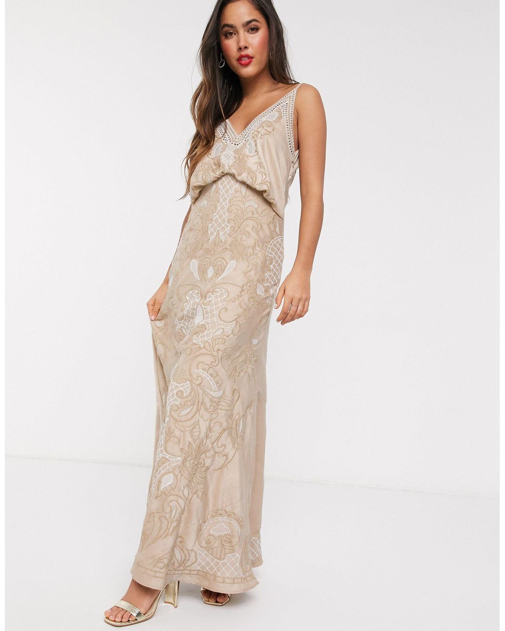 ASOS Cowl Back Satin Embroidered Maxi Dress With Ladder Trim in Natural ...