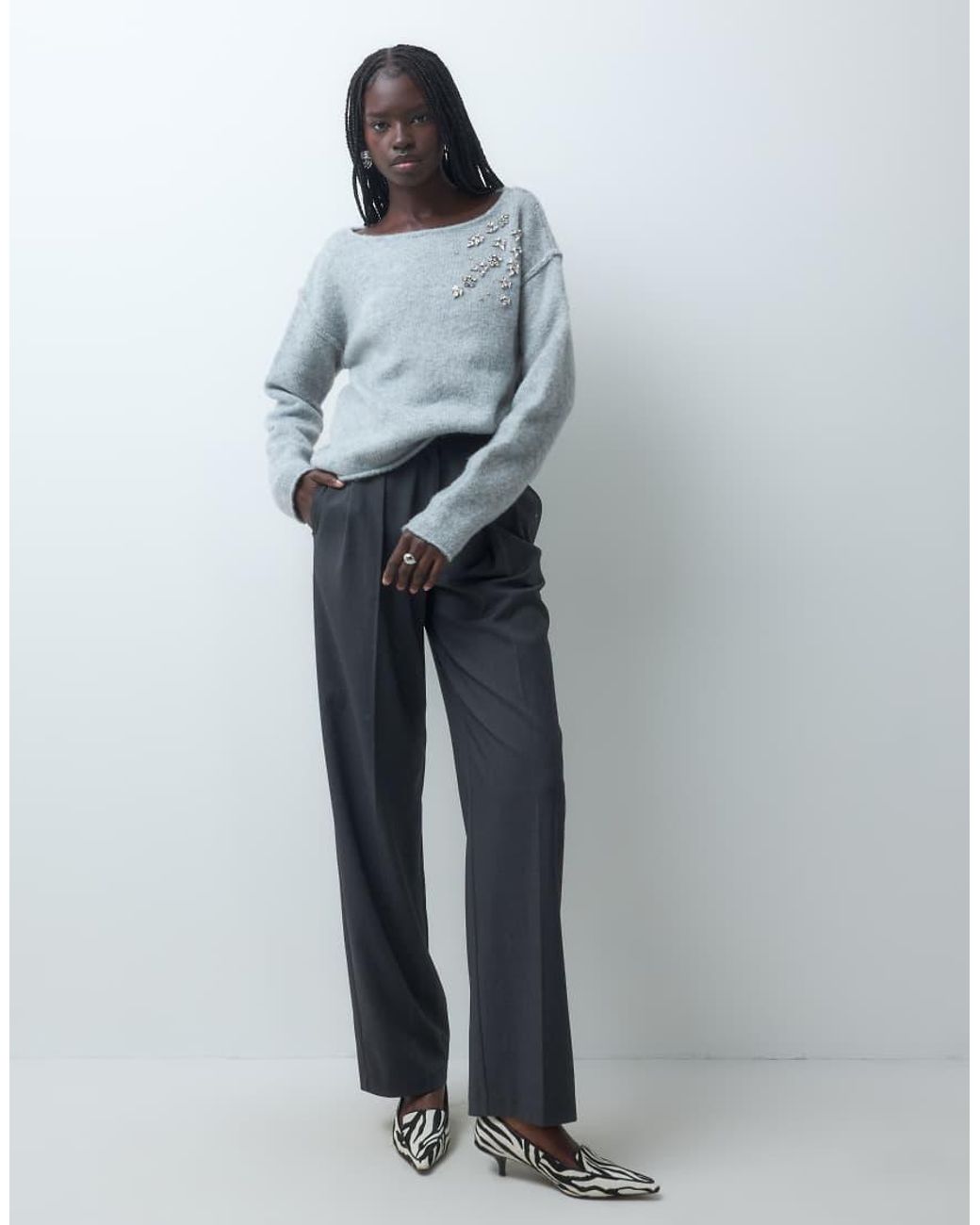 Miss Selfridge Gray Embellished Slouchy Jumper