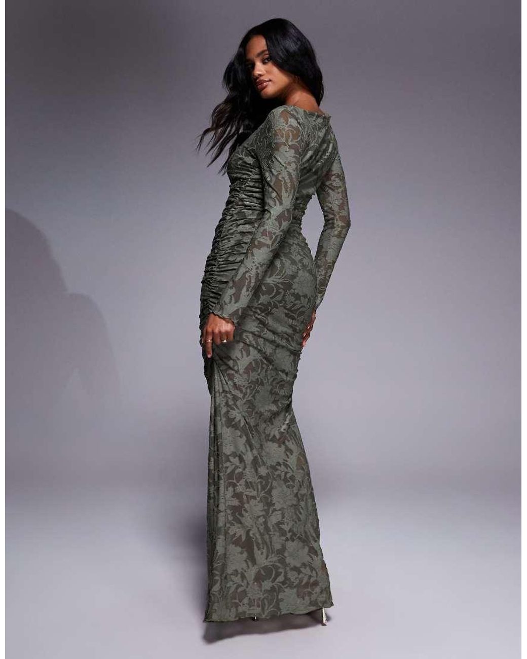 ASOS Gray Devore Long Sleeve Ruched Maxi Dress