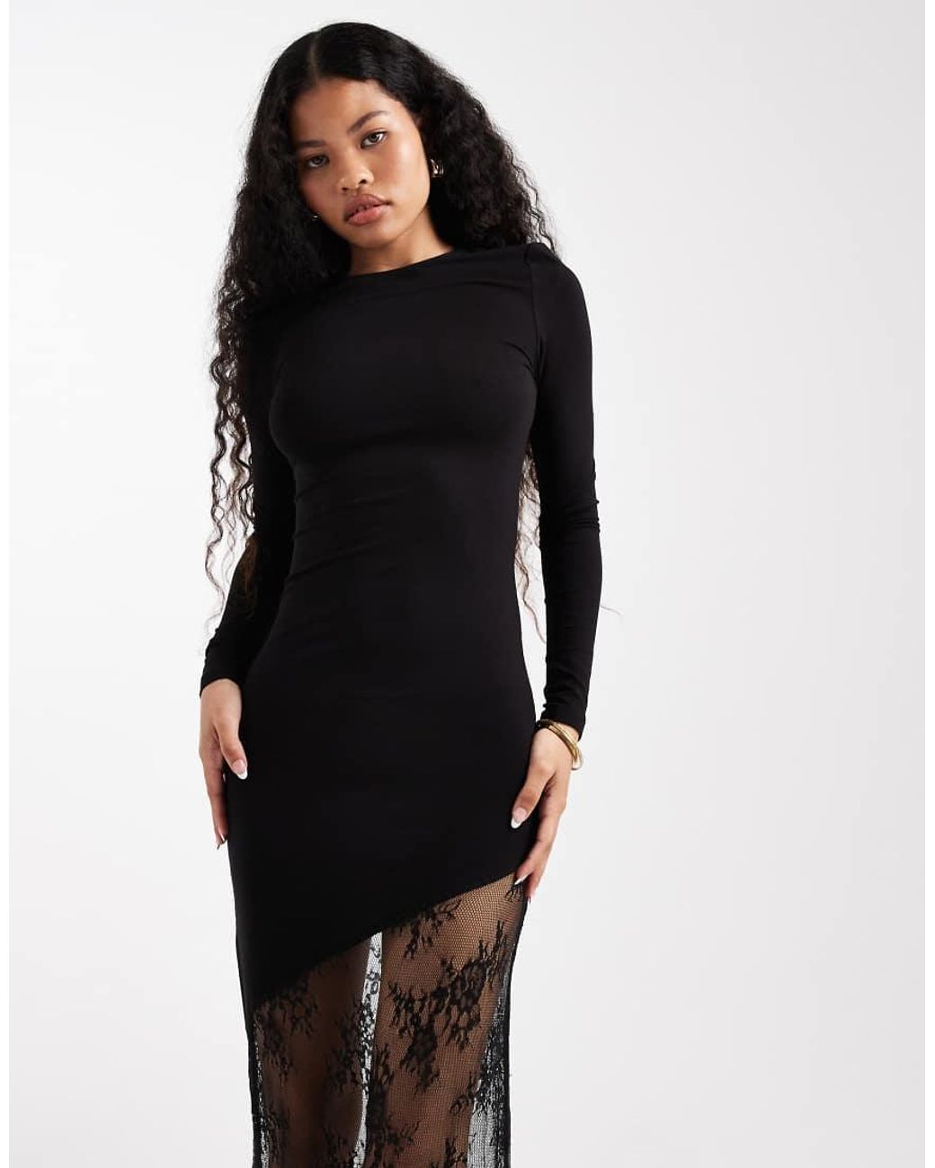Noisy May Long Sleeve Maxi Dress With Lace Fishtail in Black | Lyst UK