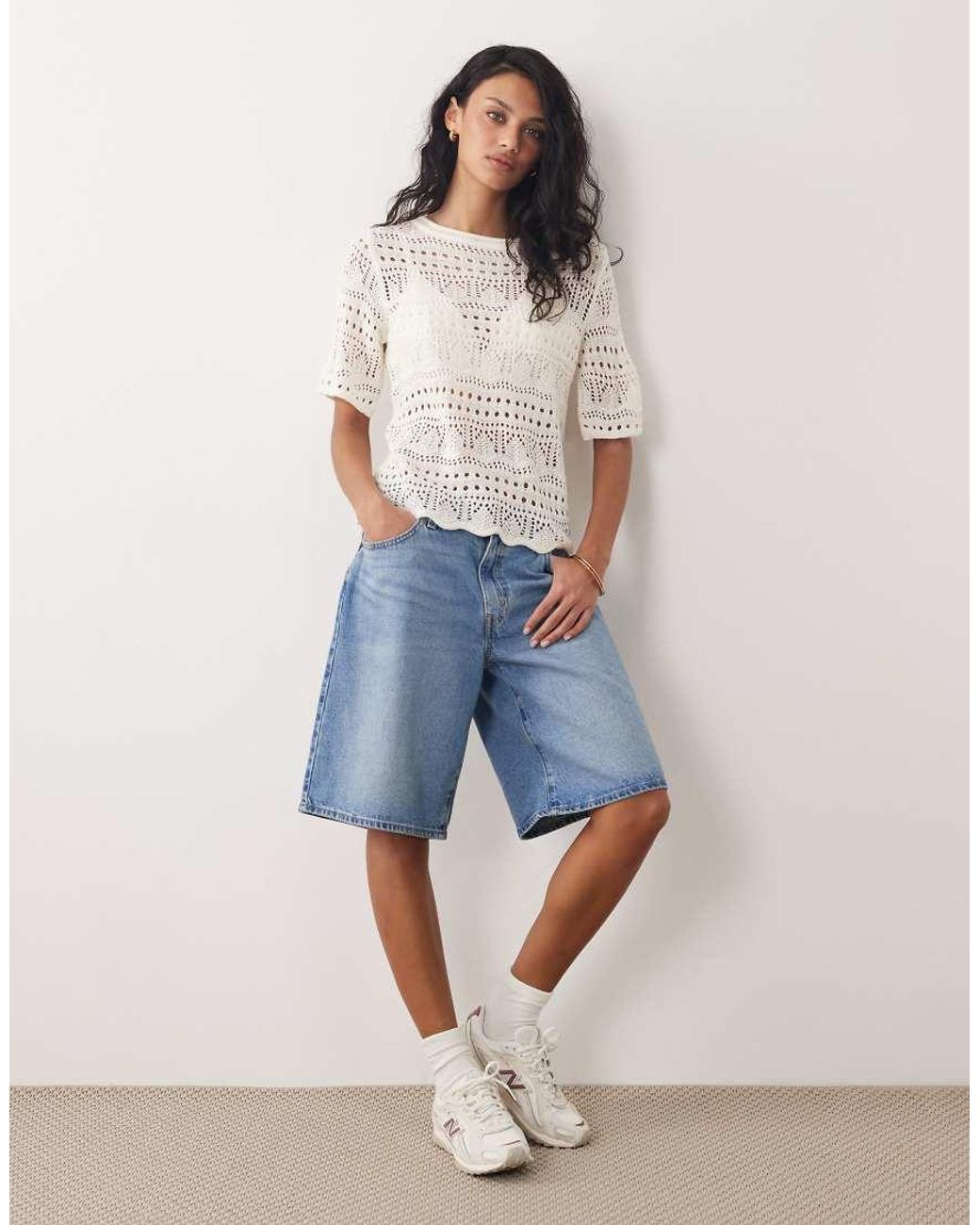 Jdy White Crochet Open Knit Half Sleeve Top