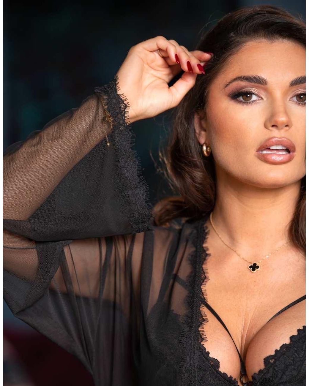 Pour Moi Brown For Your Eyes Only Mesh Lace Maxi Dressing Gown