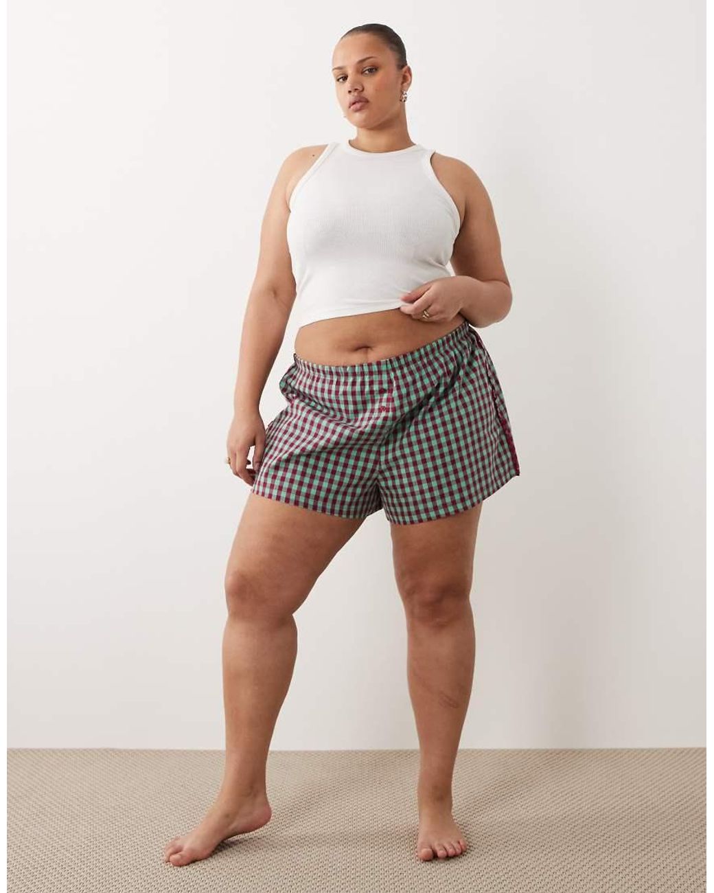ASOS White Asos Design Curve Textured Gingham Pyjama Boxer Shorts With Lace Trim