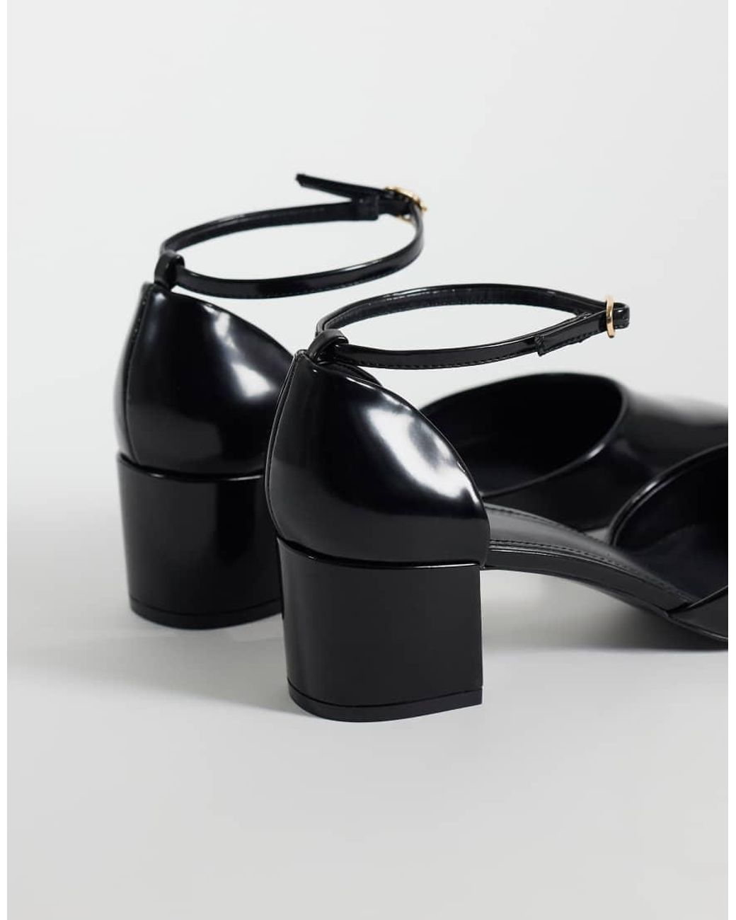 Mango Black Patent Leather Effect Round Toe Block Heeled Shoe