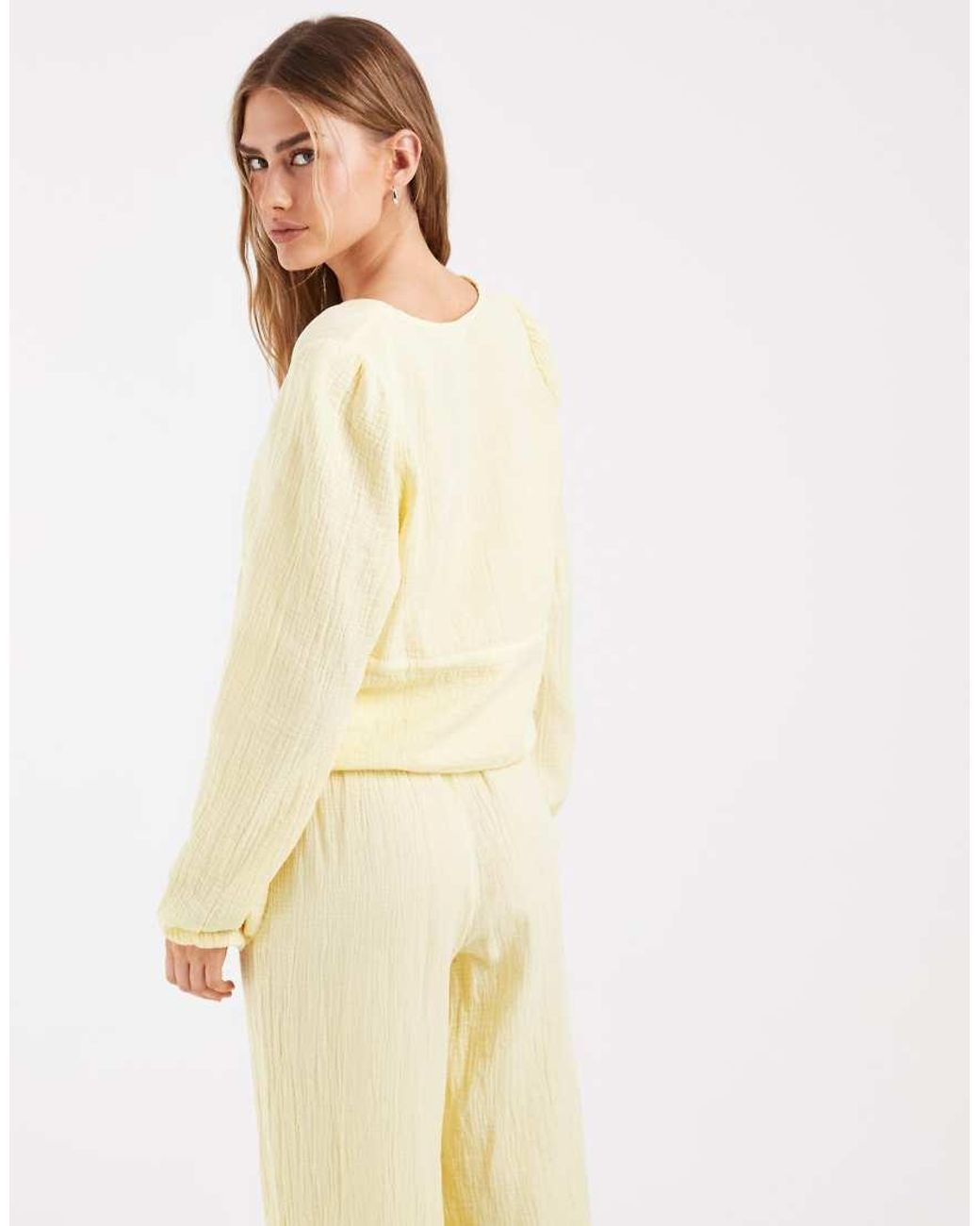 Pieces Natural Crinkled Cotton Tie Front Long Sleeve Top