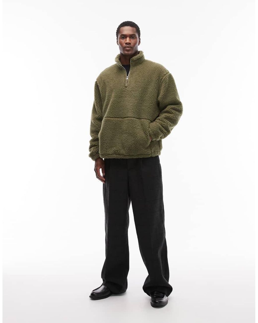ASOS Green Relaxed Funnel Neck Zip Through Borg Sweatshirt for men