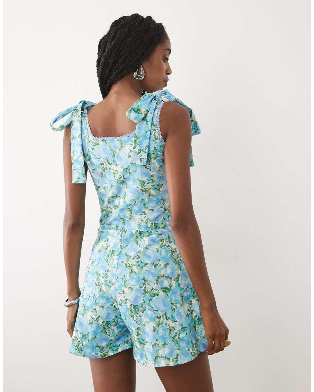 Miss Selfridge Blue Tie Shoulder Playsuit