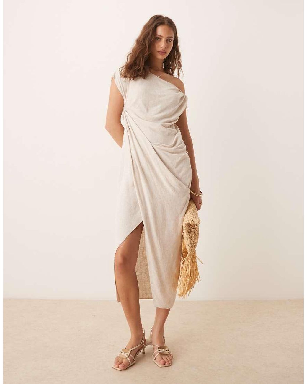 ASOS Linen Fallen Twist Shoulder Wrap Skirt Detail Midi Dress in
