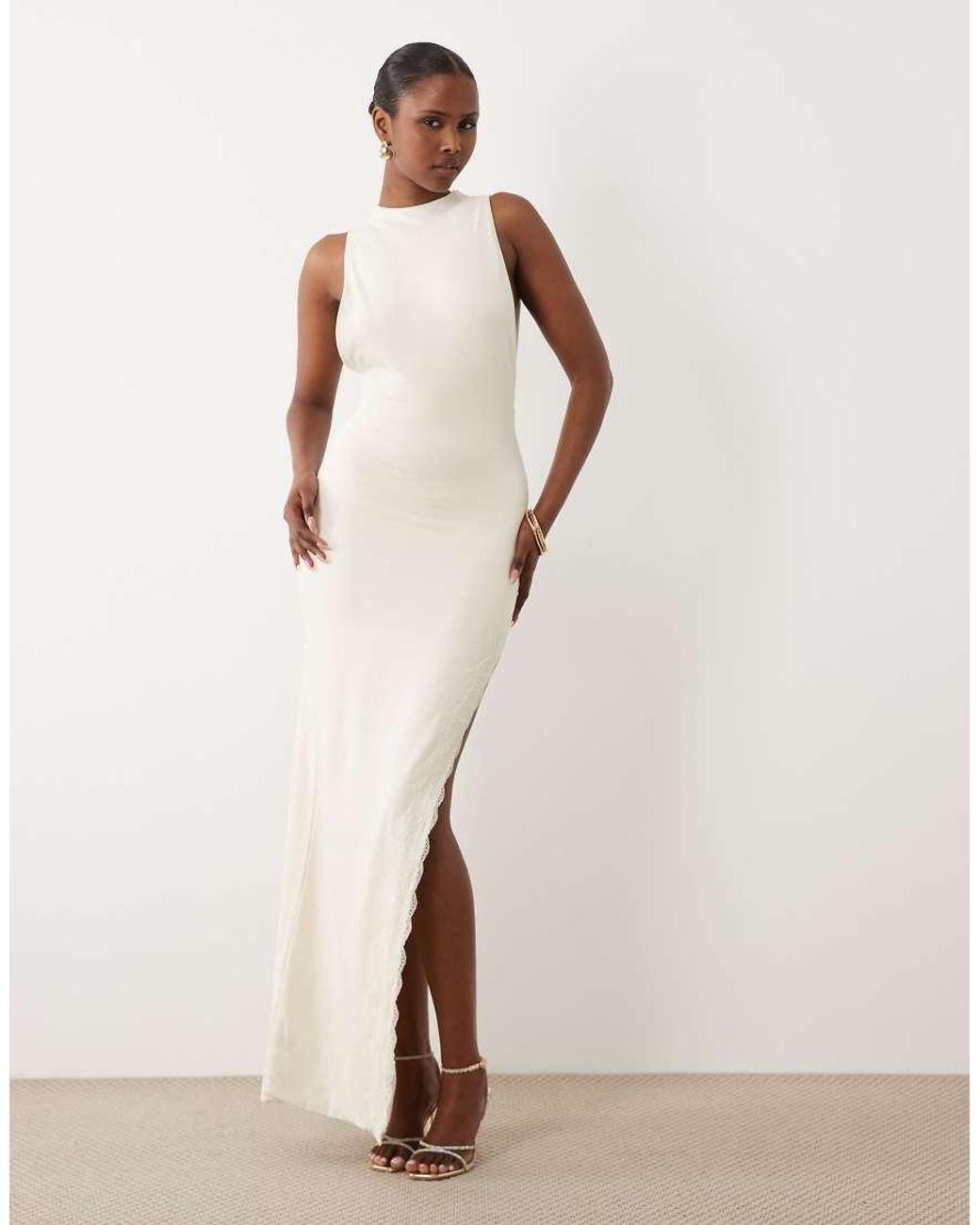 Oh Polly Natural Modal Halter Neck Open Back Detail Lace Trim Maxi Dress