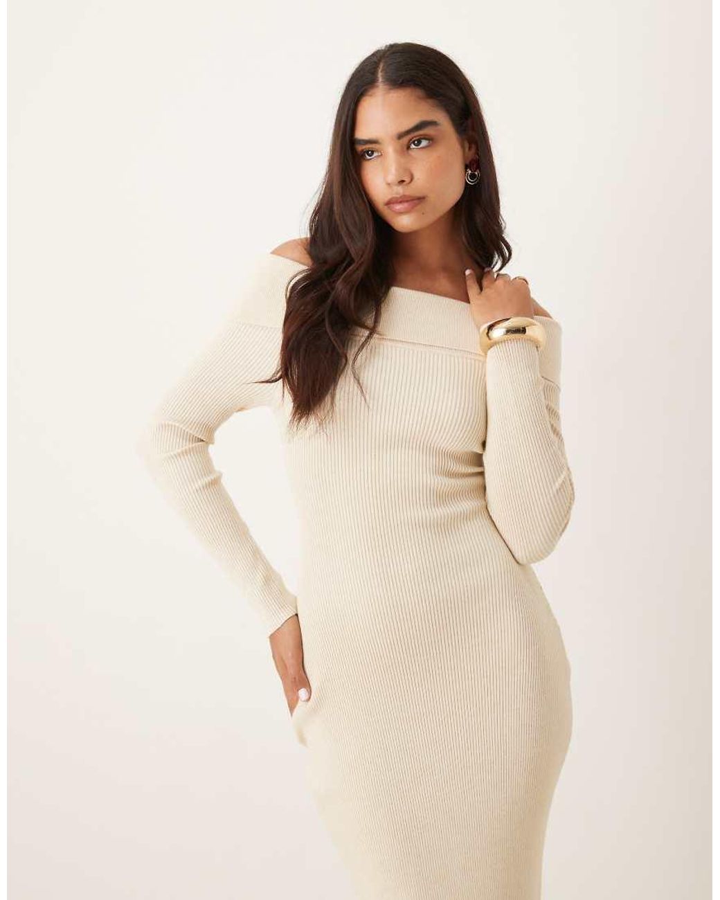 Glamorous Natural Bardot Knitted Midi-Dress