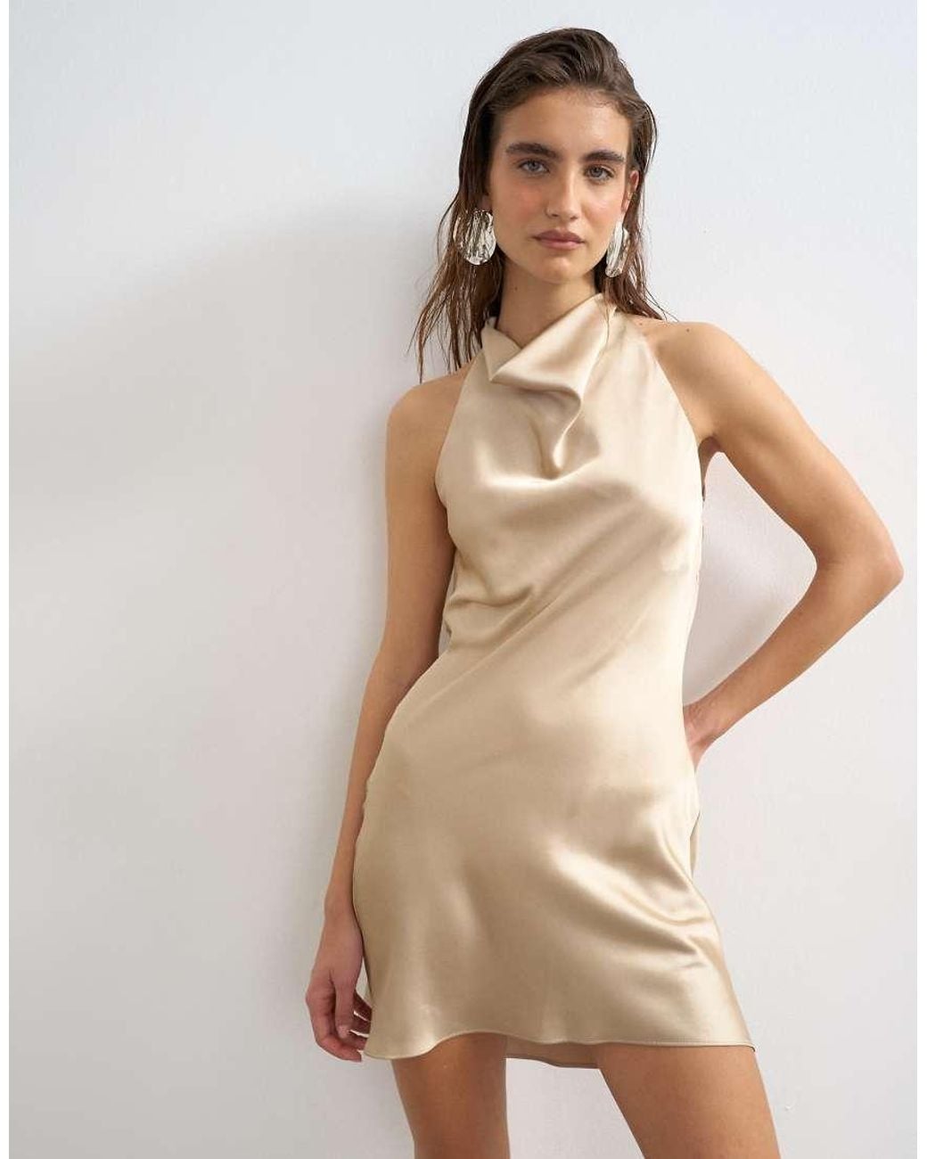 TOPSHOP White Satin Cowl Halter Mini Dress