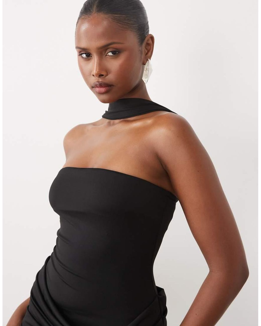 The Frolic Black Exclusive Choker Detail Bandeau Chiffon Hem Thigh Split Maxi Dress