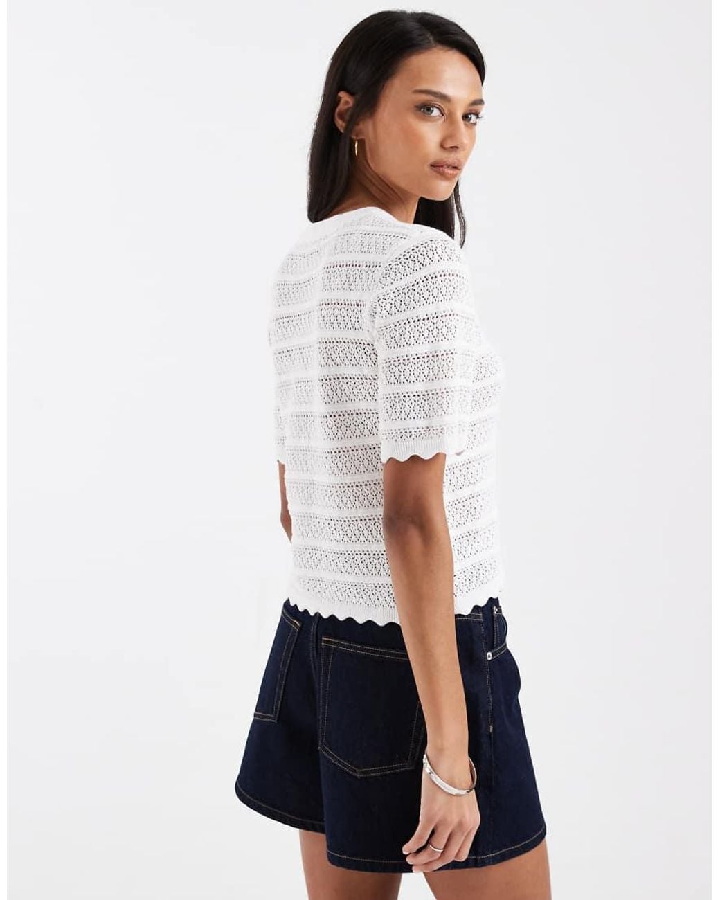 Brave Soul White Crochet Knit Short Sleeve Cardigan With Scallop Detail